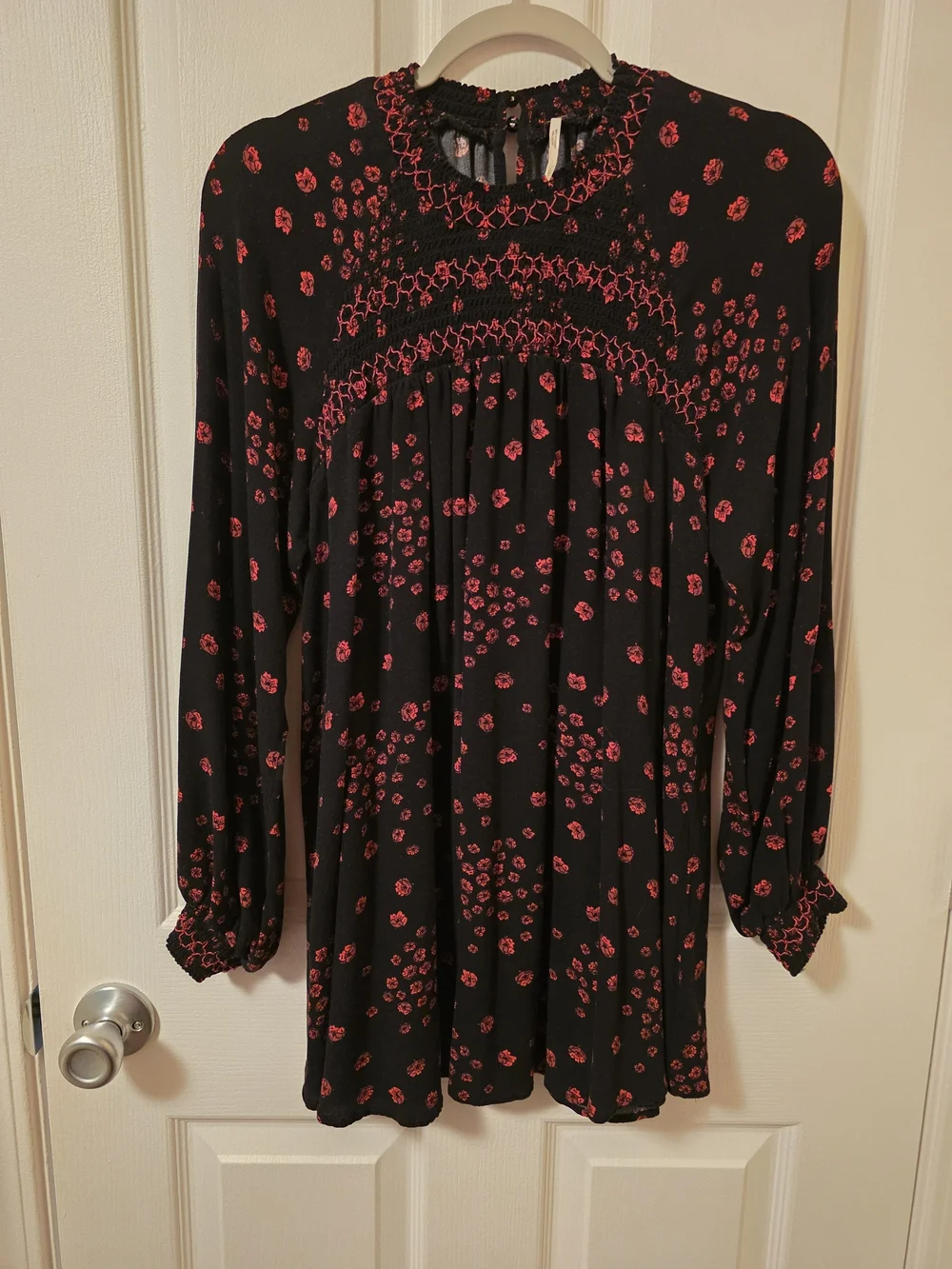 Free People Black Long-Sleeve Babydoll Dress with Red Floral Print